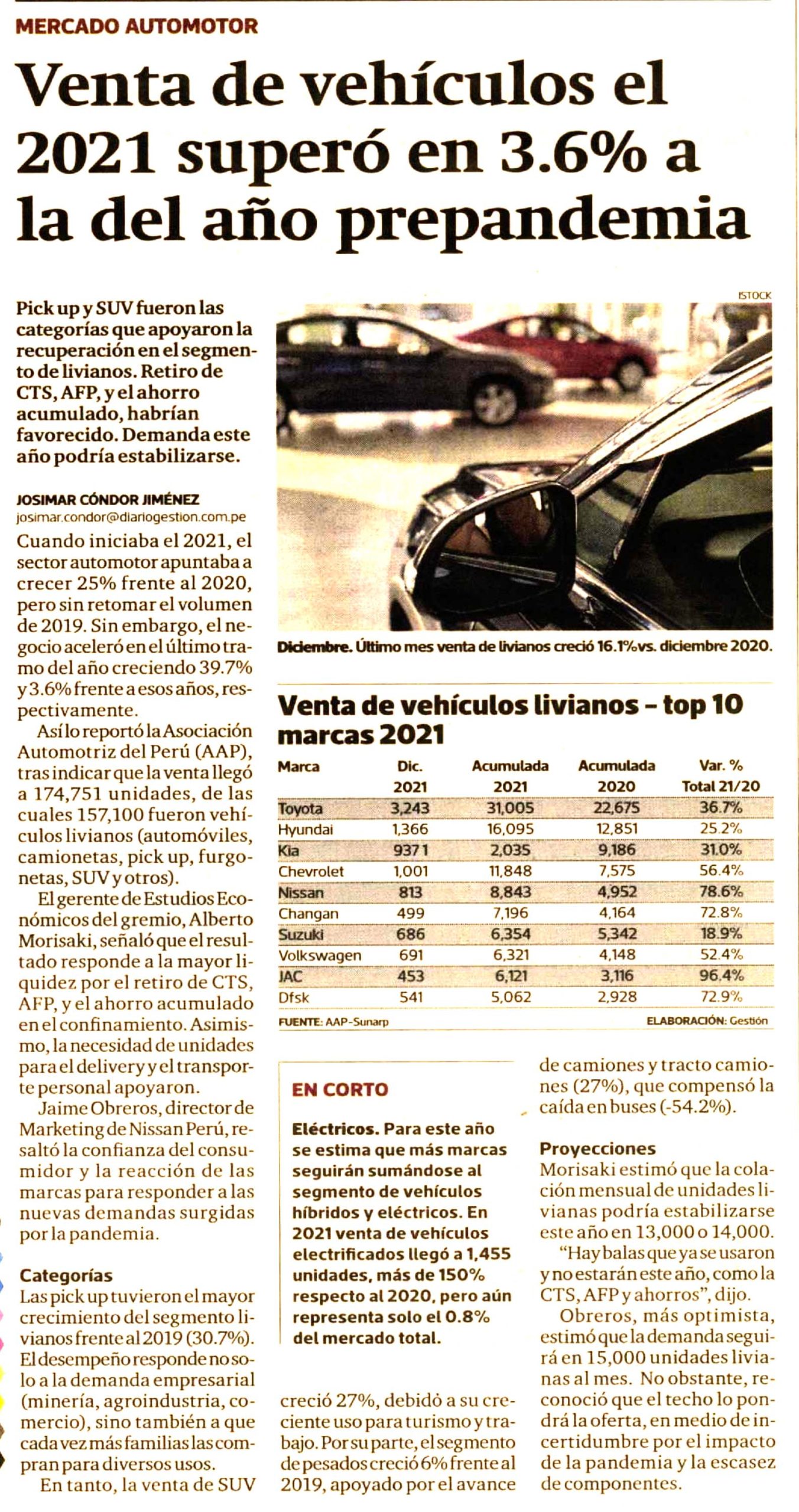 Venta de vehículos el 2021 superó en 3.6% ala del año prepandemia