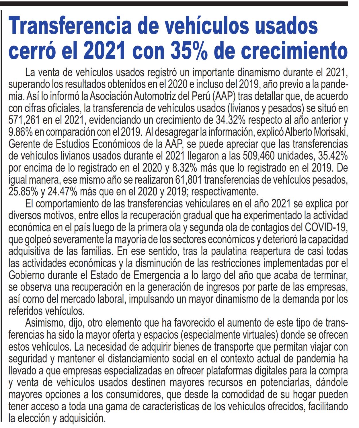 Transferencia de vehículos usados cerró el 2021 con 35% de crecimiento