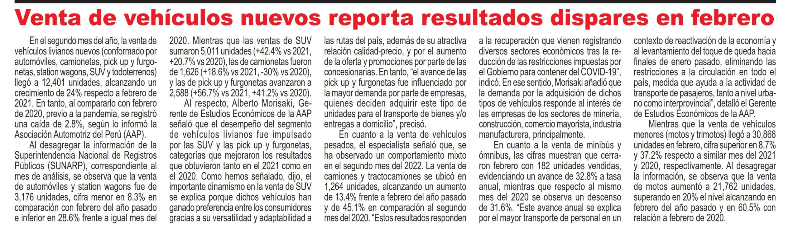 Venta de vehículos nuevos reporta resultados dispares en febrero
