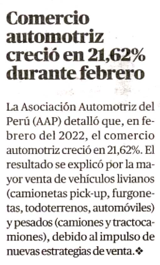 Comercio automotriz creció en 21,62% durante febrero