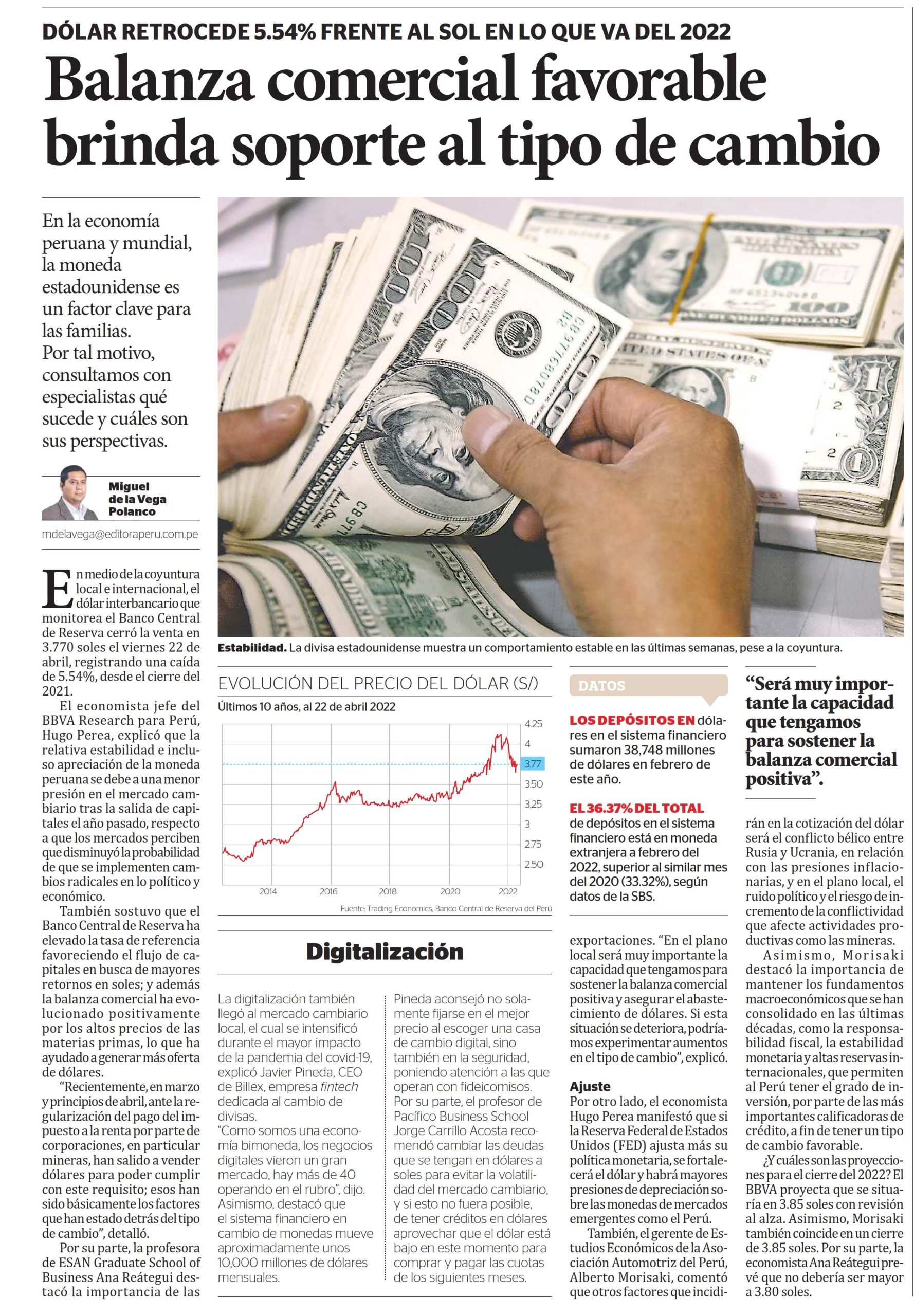 Balanza comercial favorable brinda soporte al tipo de cambio