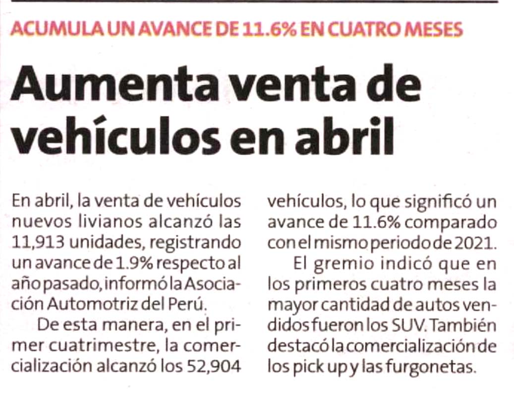 Aumenta venta de vehículos en abril