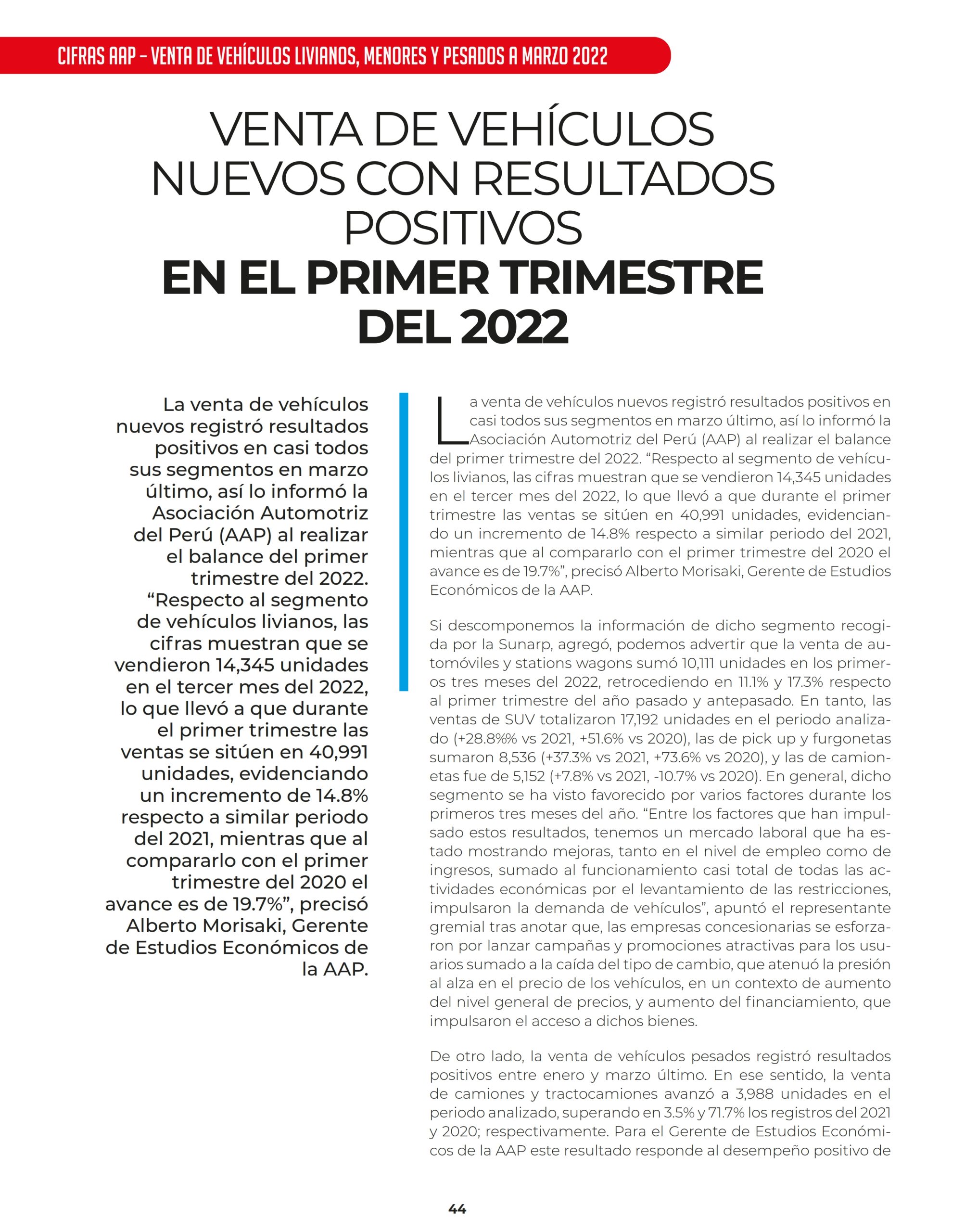 Venta de vehículos nuevos con resultados positivos en el primer trimestre del 2022