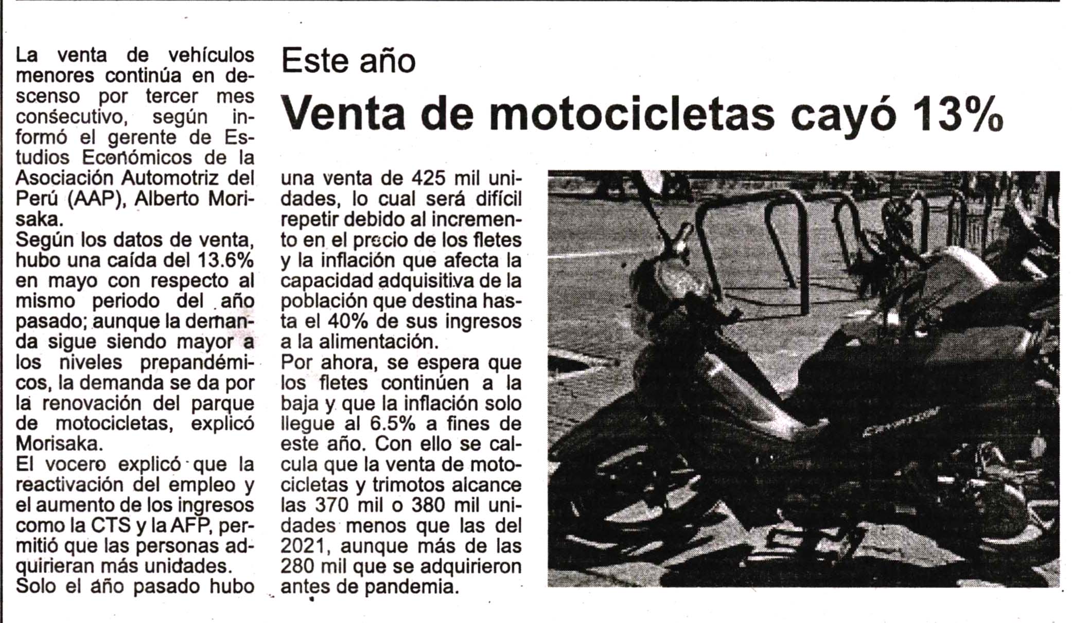 Venta de motocicletas cayó 13%