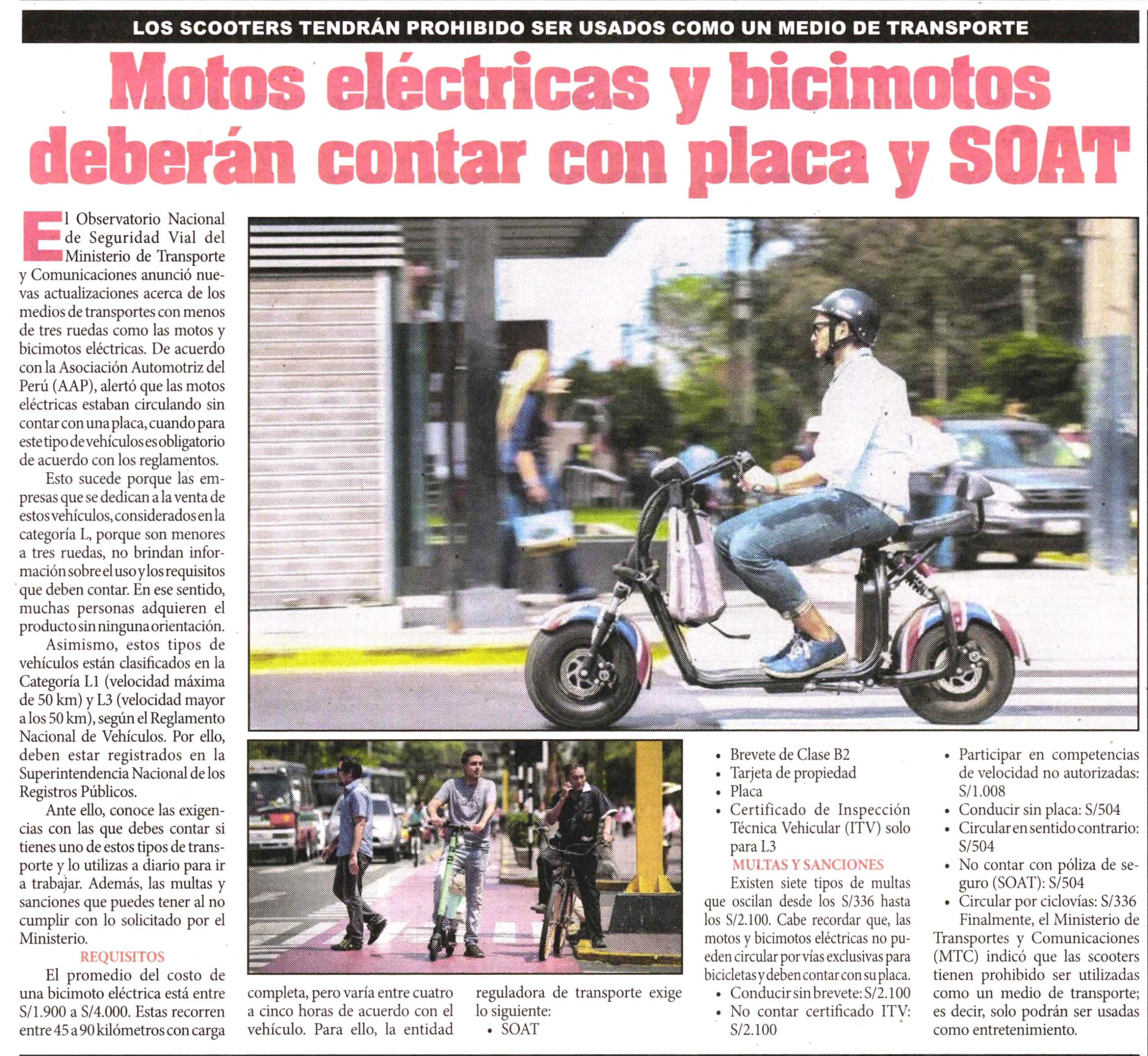 Motos eléctricas y bicimotos deberán contar con placa y SOAT