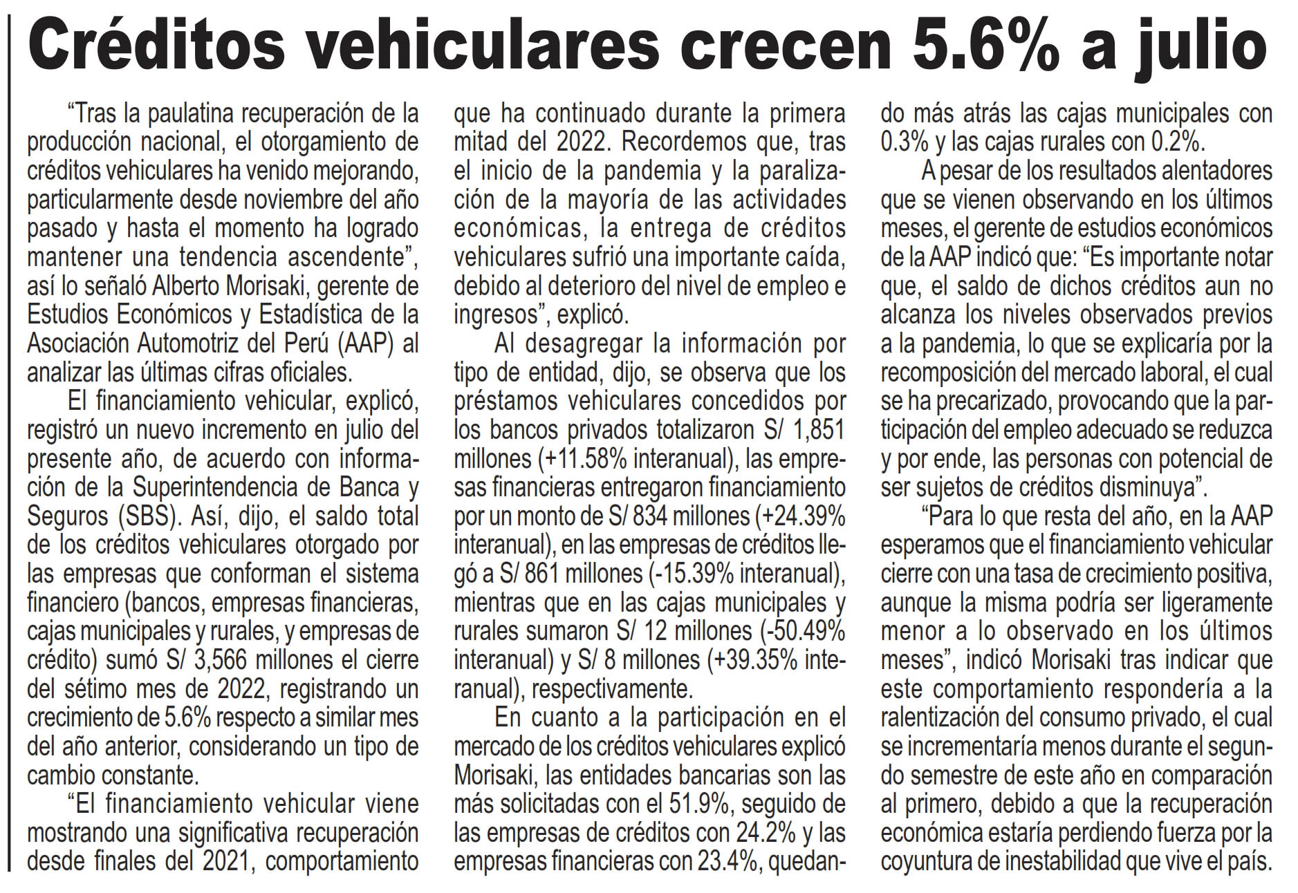 Créditos vehiculares crecen 5.6% a julio de 2022