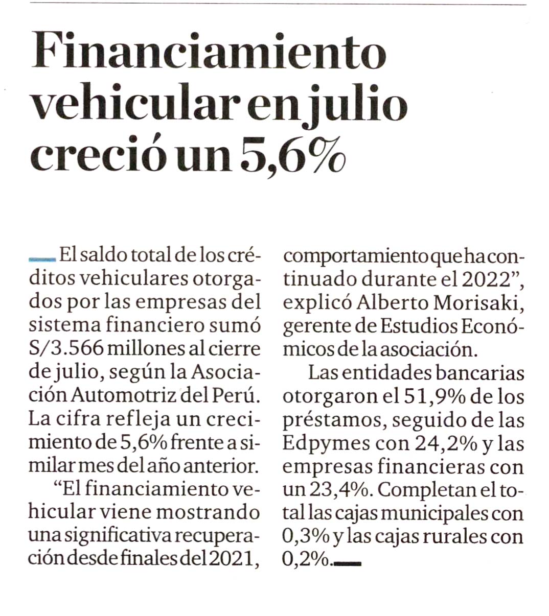 Financiamiento vehicular en julio creció un 5,6%