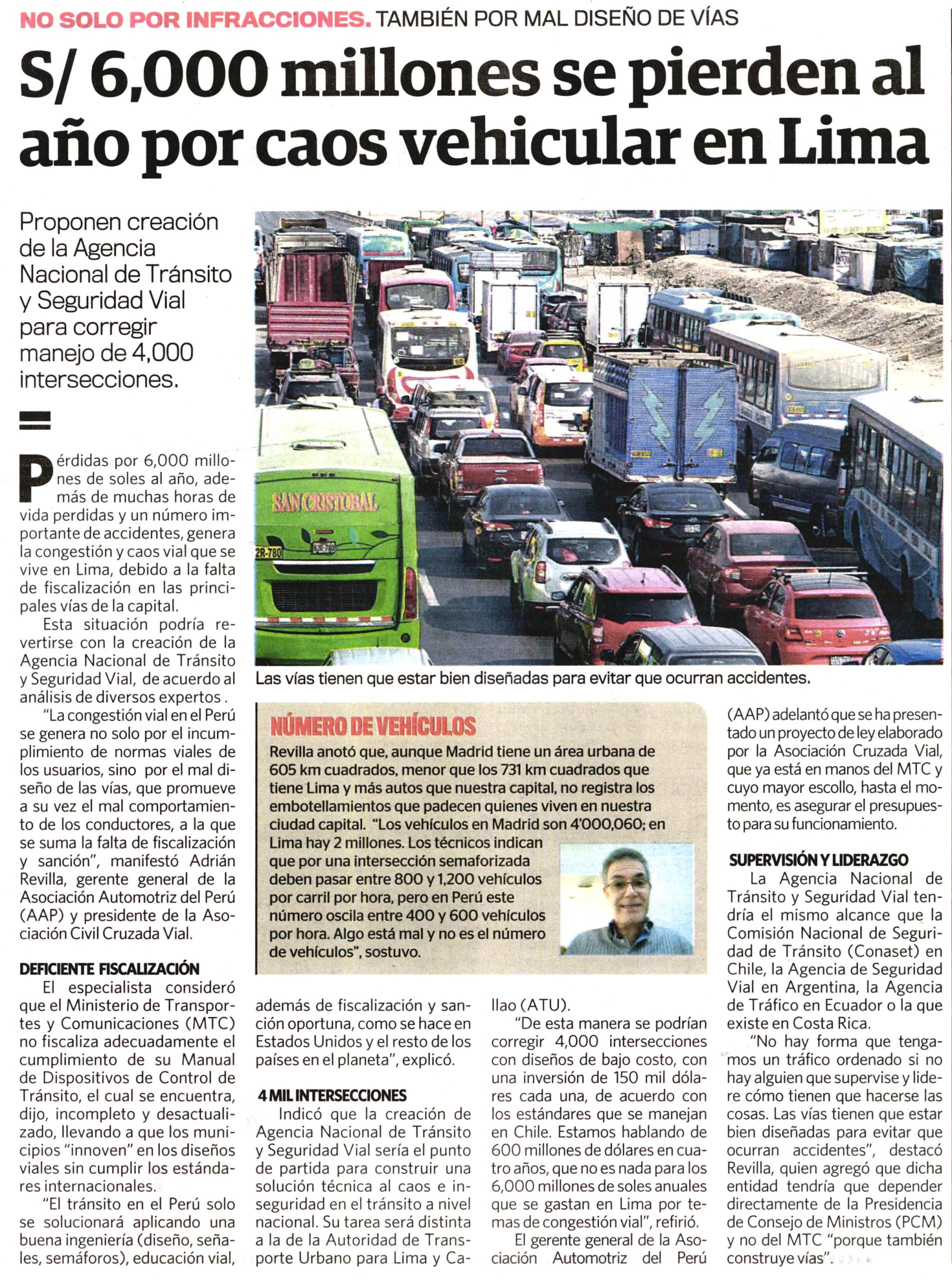 Seis mil millones se pierde al año por caos vehicular en Lima