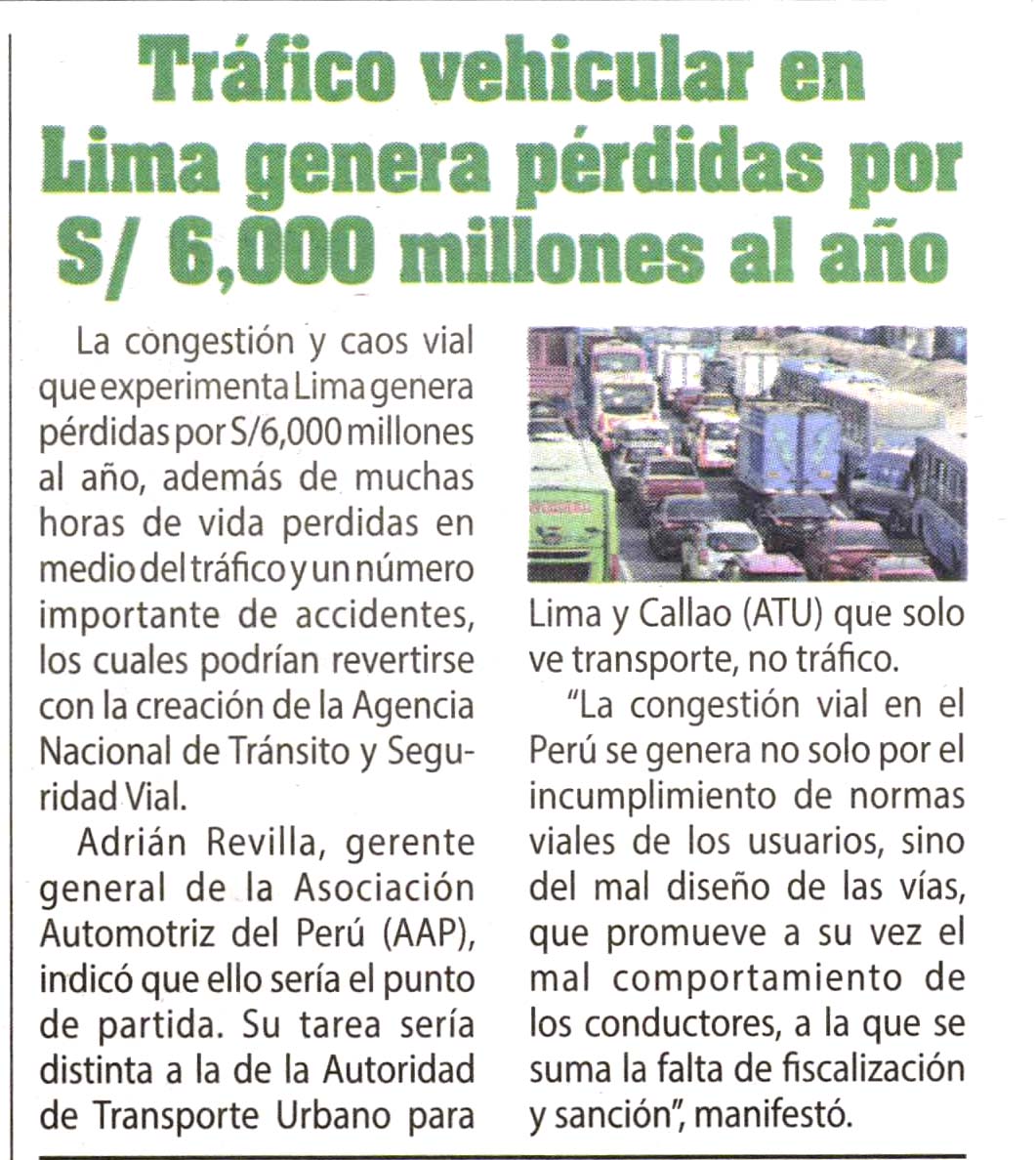 Tráfico vehicular en Lima genera pérdidas por S/ 6,000 millones al año