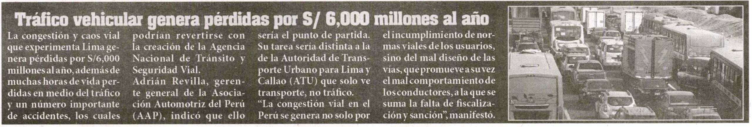 Tráfico vehicular en Lima genera pérdidas por S/ 6,000 millones al año