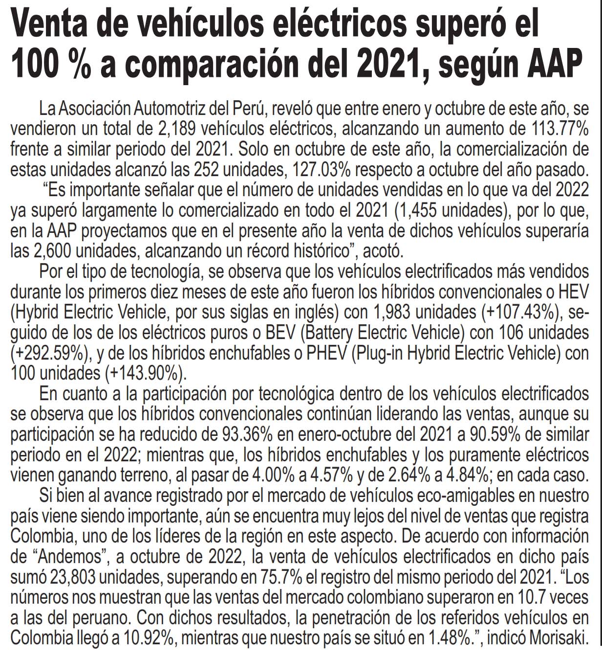 Venta de vehículos eléctricos superó el 100% a comparación del 2021, según AAP