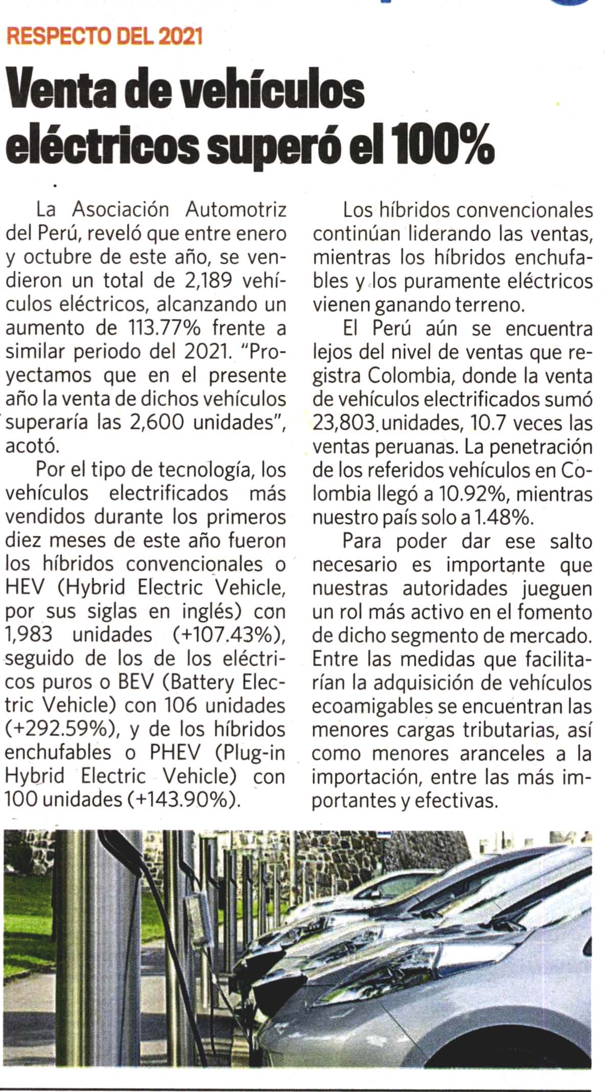 Venta de vehículos eléctricos superó el 100%