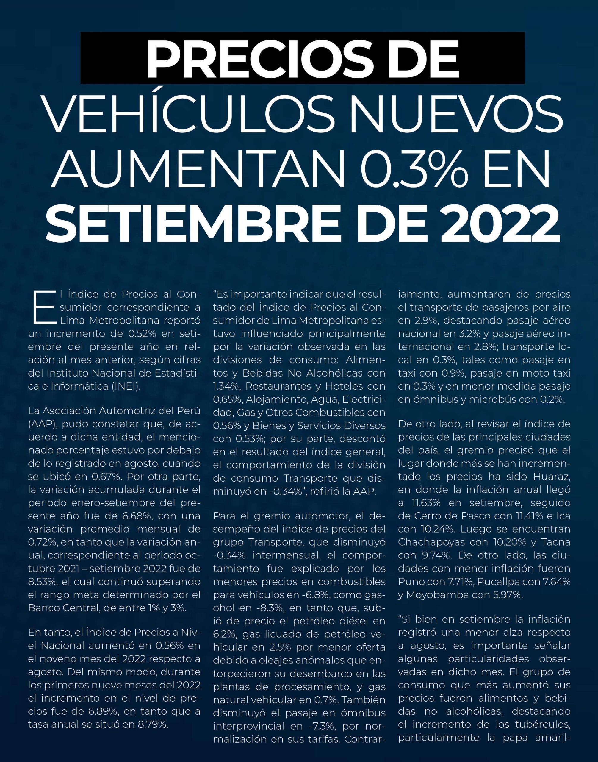 Precio de Vehículos nuevos aumentan 0.3% en setiembre de 2022