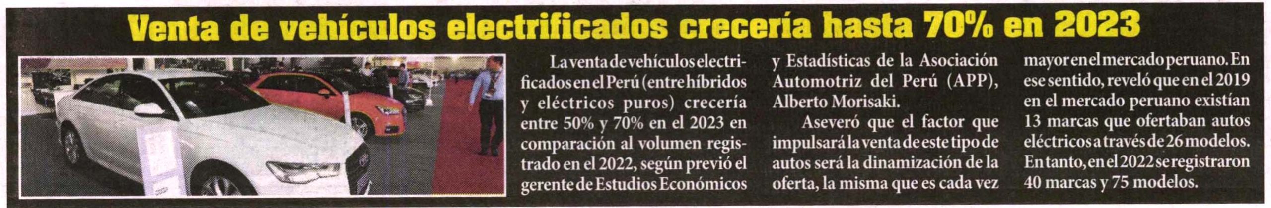 Venta de vehículos electrificados en Perú crecería hasta 70% en 2023