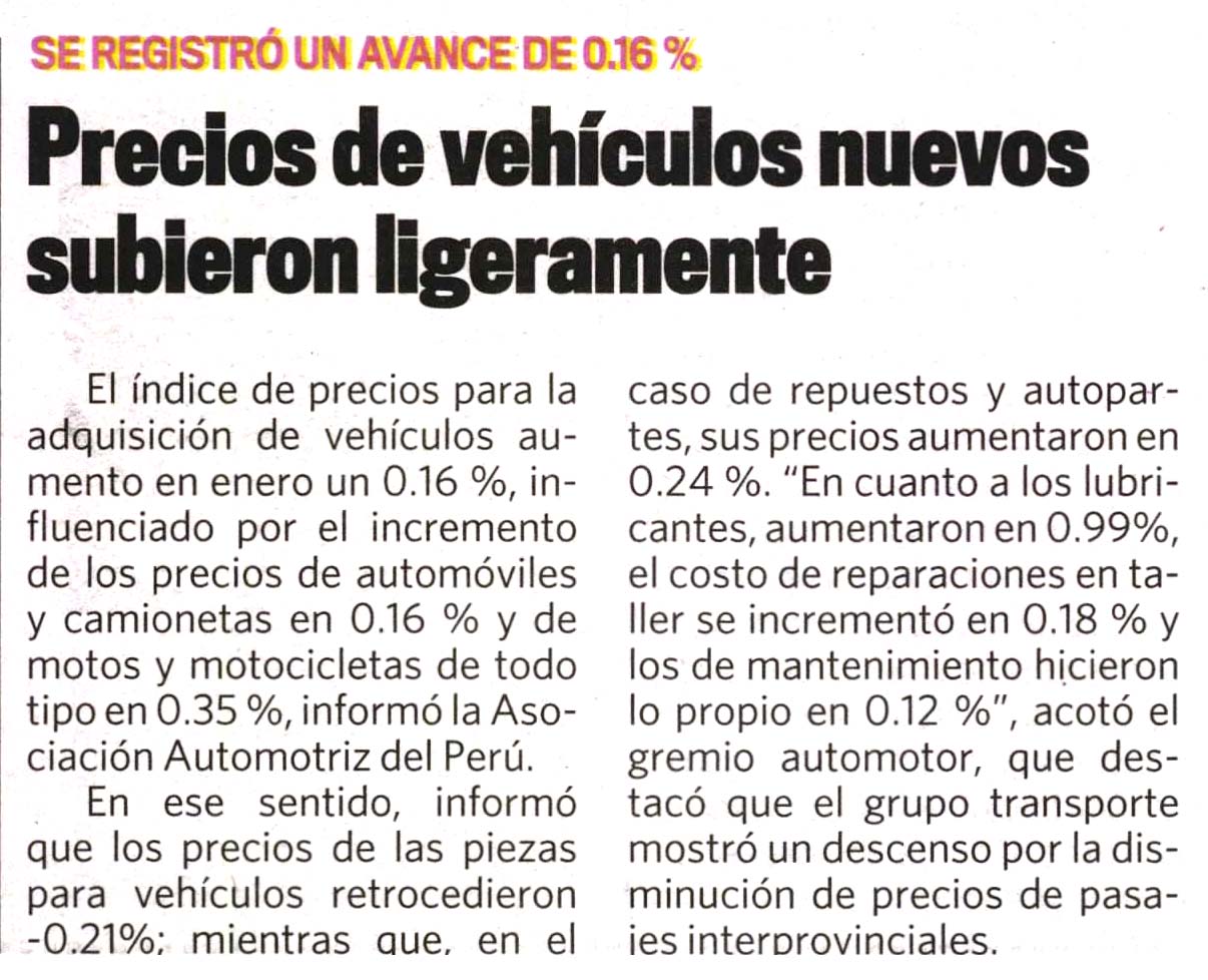 Precios de vehículos nuevos subieron ligeramente