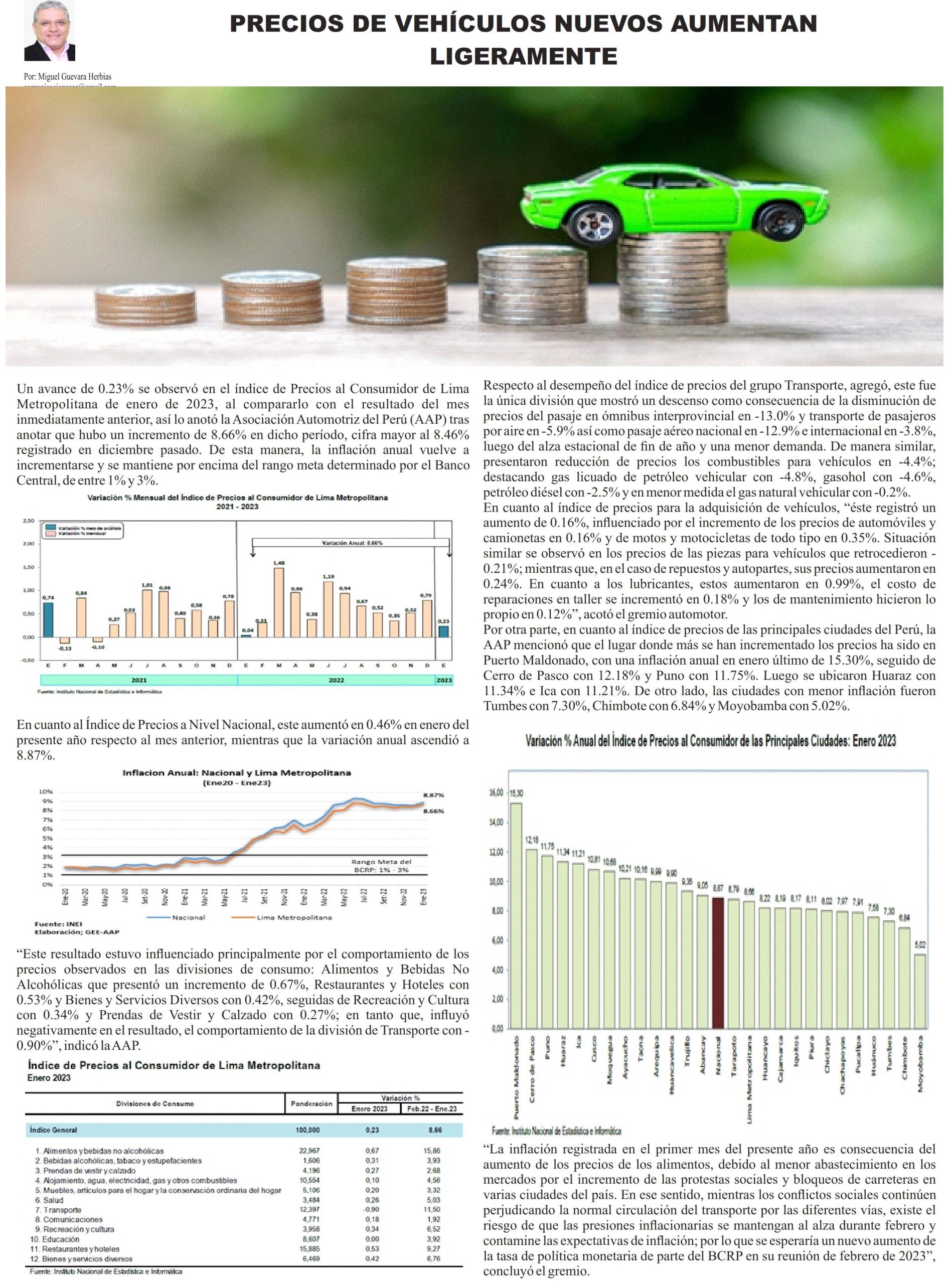 Precios de vehículos nuevos aumentaron ligeramente en enero último