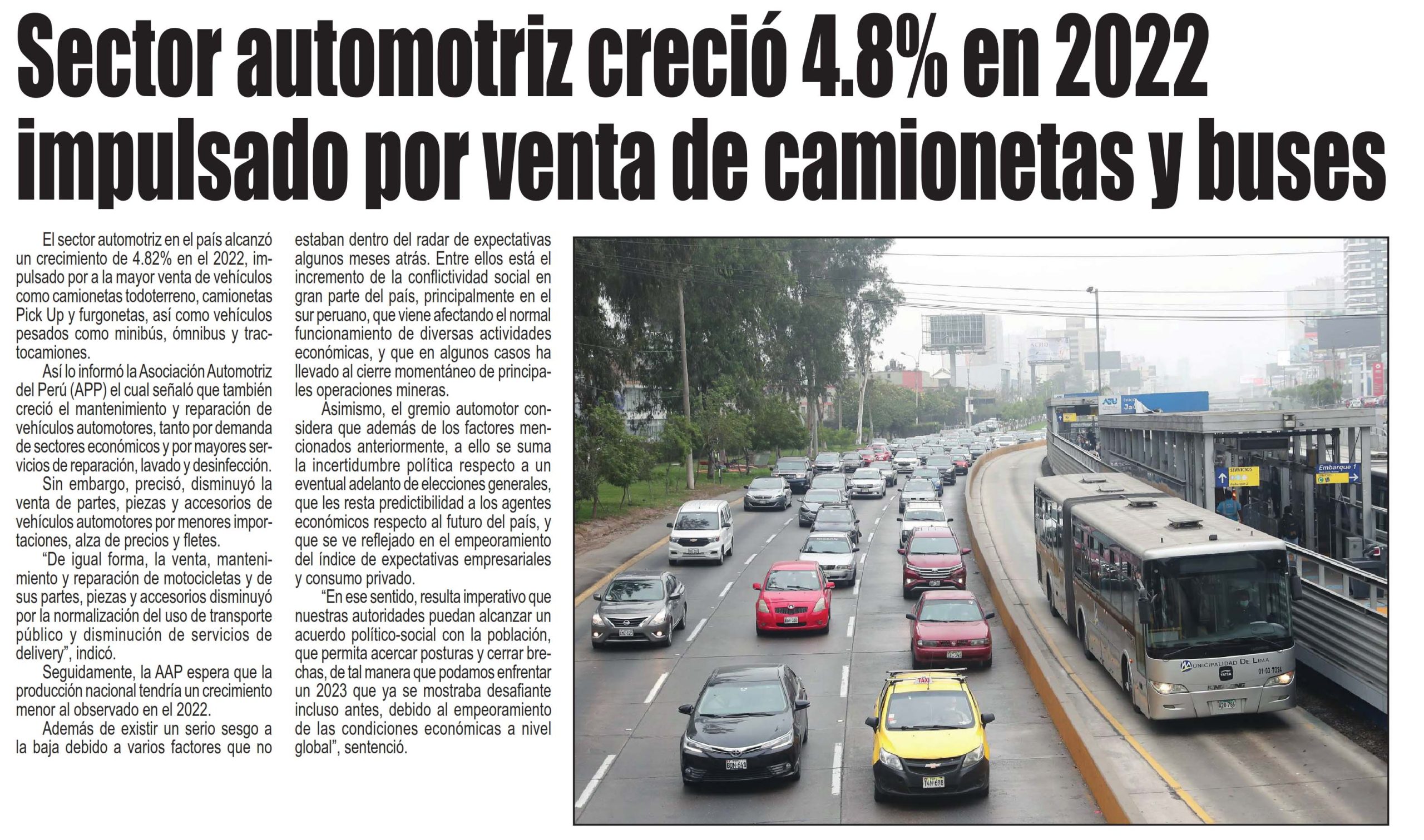 Sector automotriz creció 4.8% en 2022 impulsado por venta do camionetas y buses