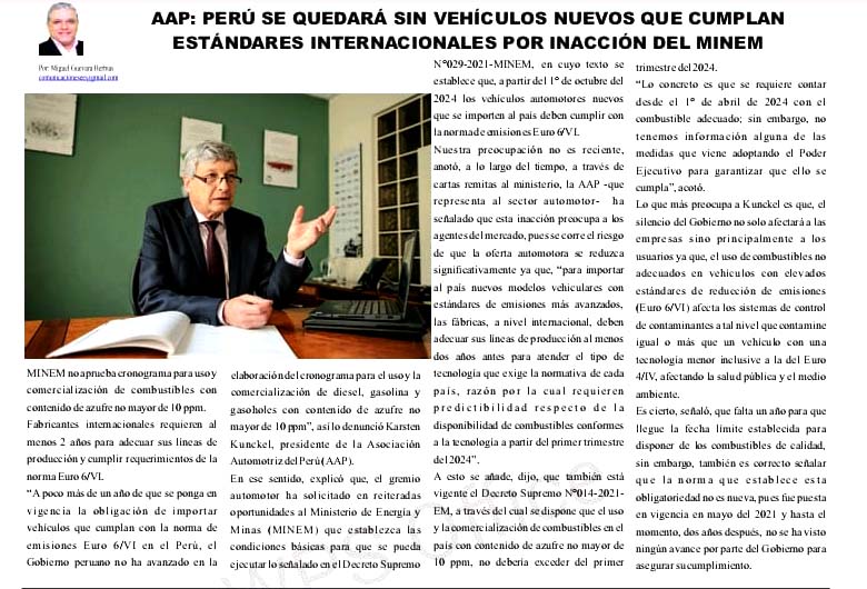 AAP: Perú se quedará sin vehículos nuevos que cumplan estándares internacionales por inacción del MINEM
