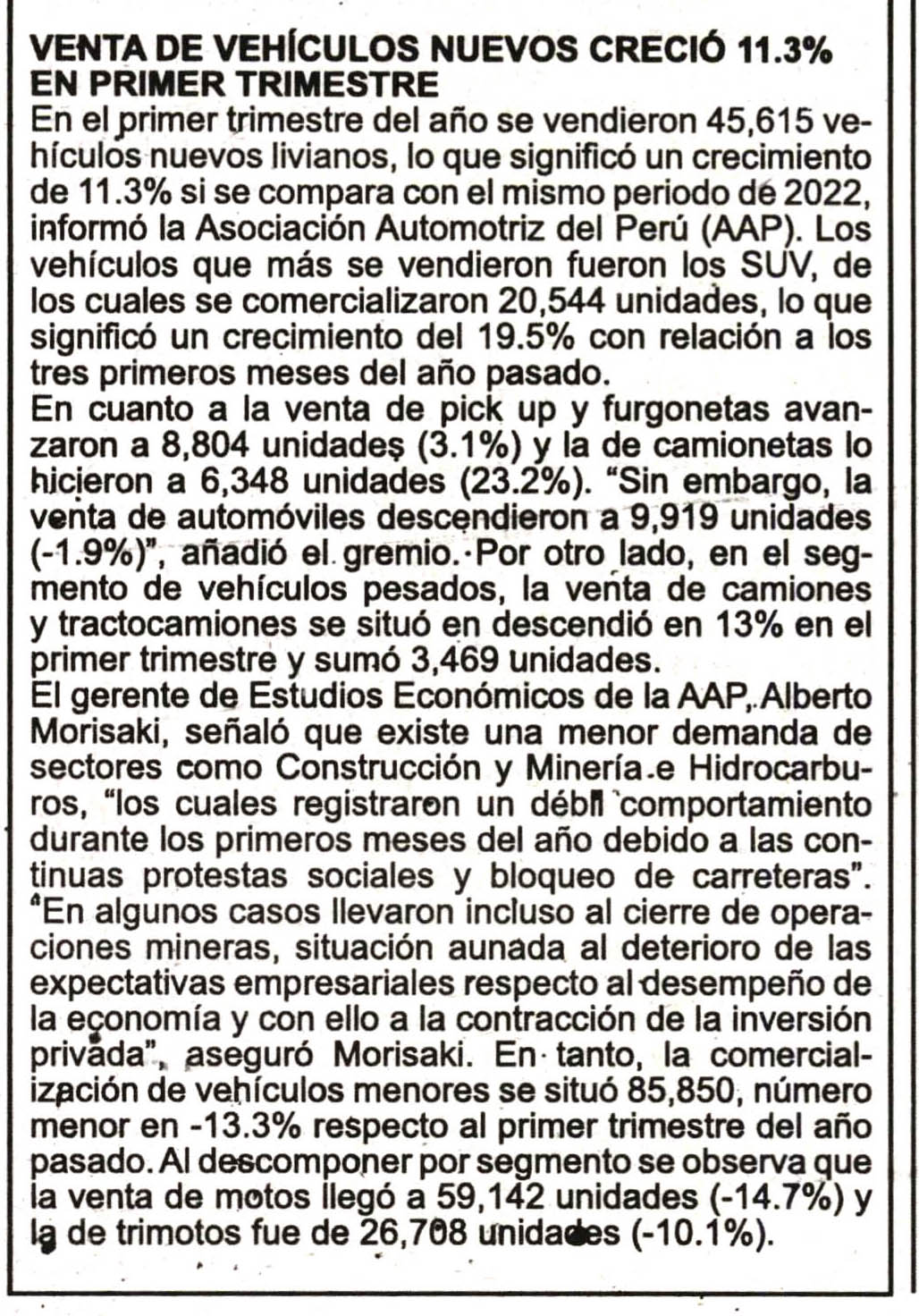Venta de vehículos nuevos creció 11.3% en primer trimestre de 2023