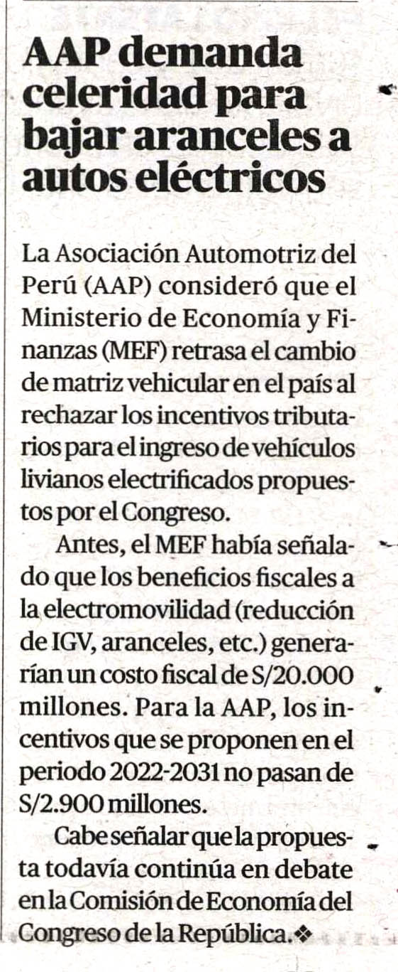 AAP demanda celeridad para bajar aranceles a autos eléctricos