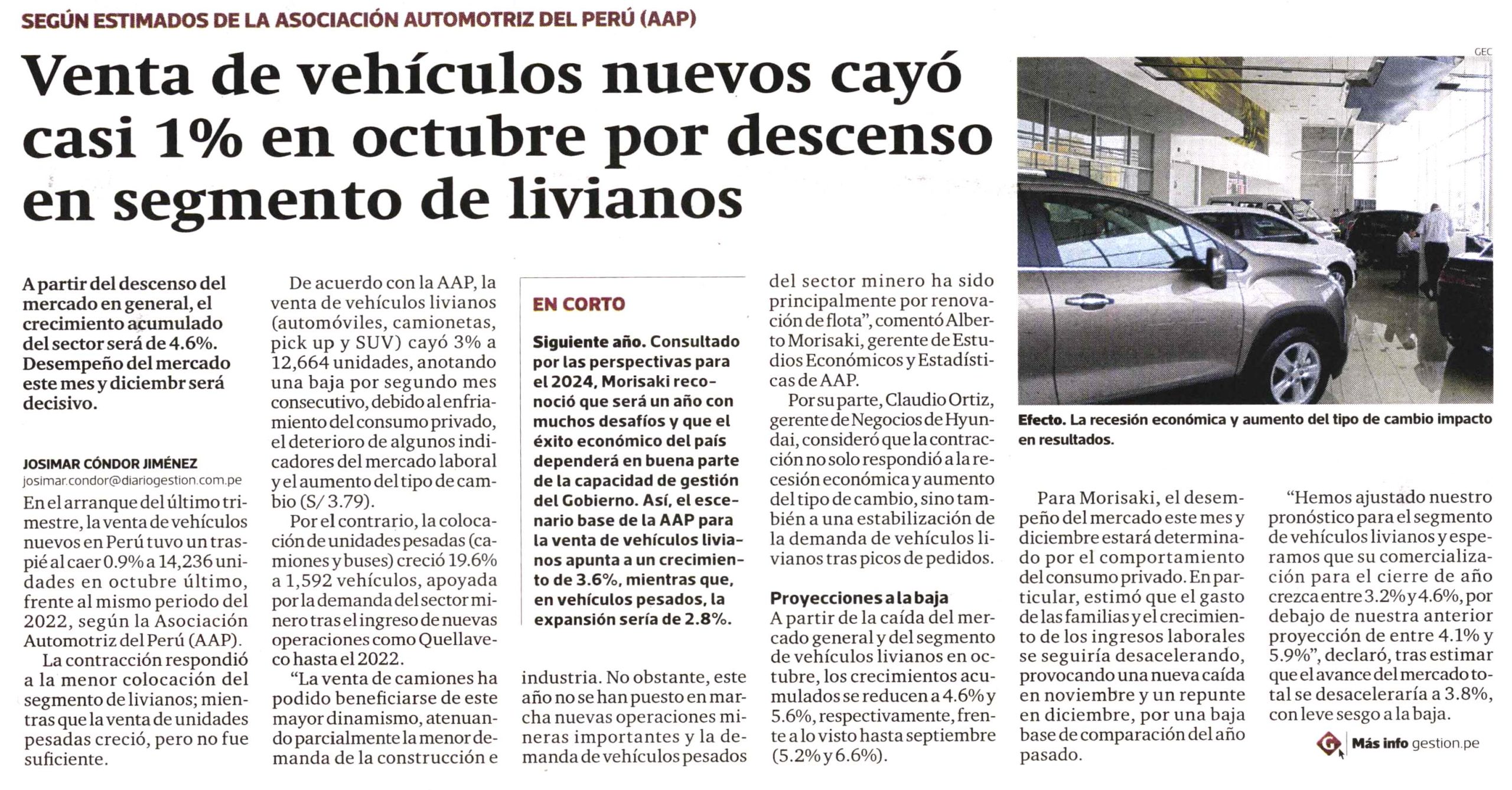 Venta de vehículos nuevos cayó casi 1% en octubre por descenso en segmento de livianos