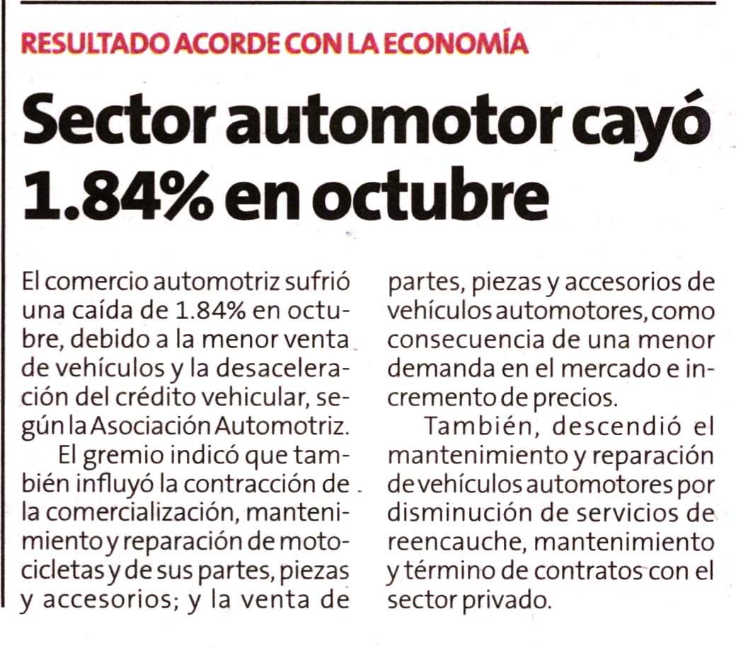 Sector automotor cayó 1.84% en octubre