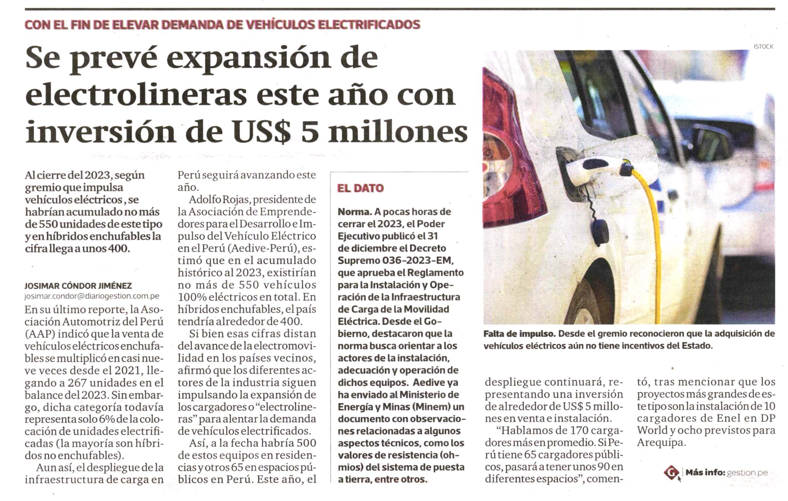 Se prevé expansión de electrolineras este año con inversión de US$ 5 millones