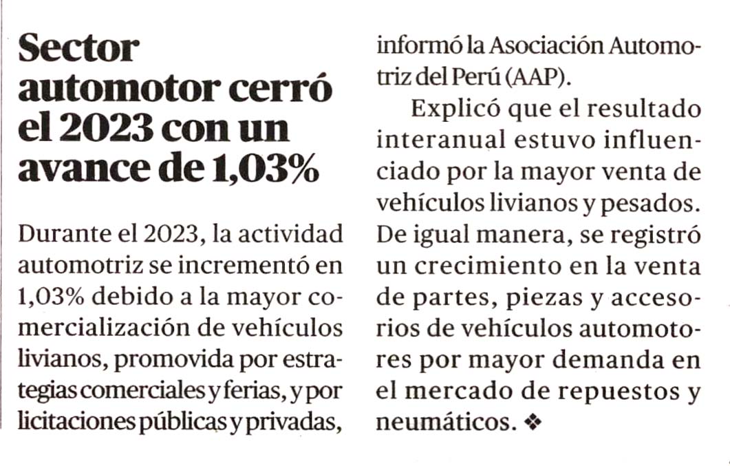 Sector automotor cerró el 2023 con un avance de 1,03%
