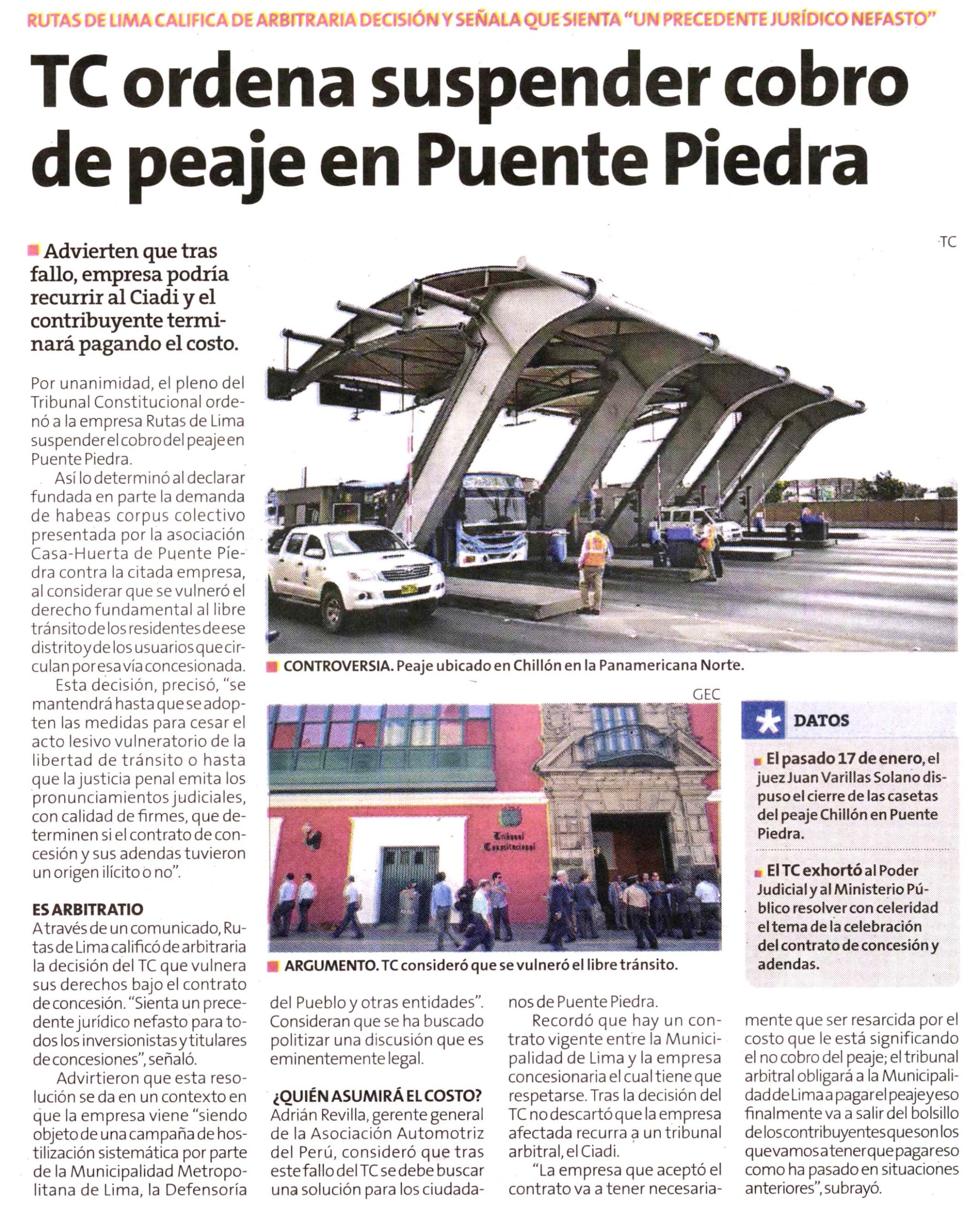 TC ordena suspender cobro de peaje en Puente Piedra