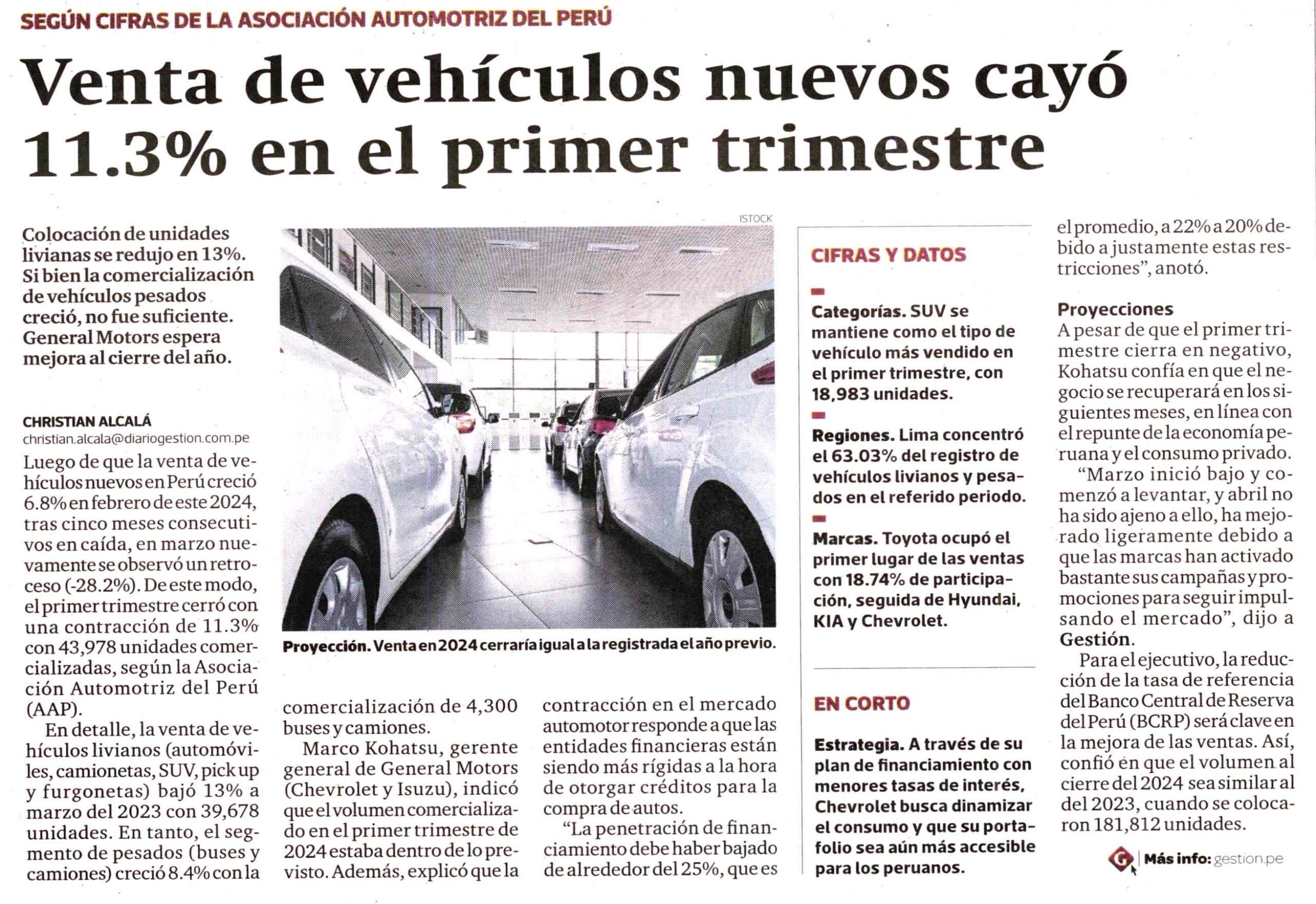 Venta de vehículos nuevos cayó 11.3% en el primer trimestre