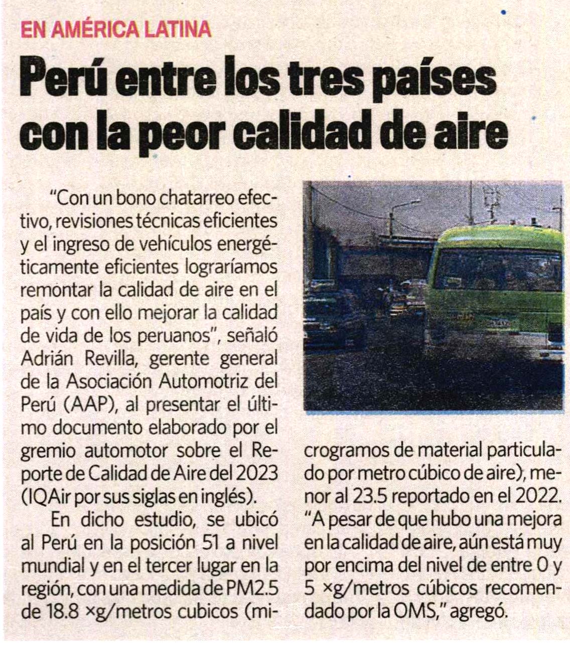 Perú entre los tres países con la peor calidad de aire