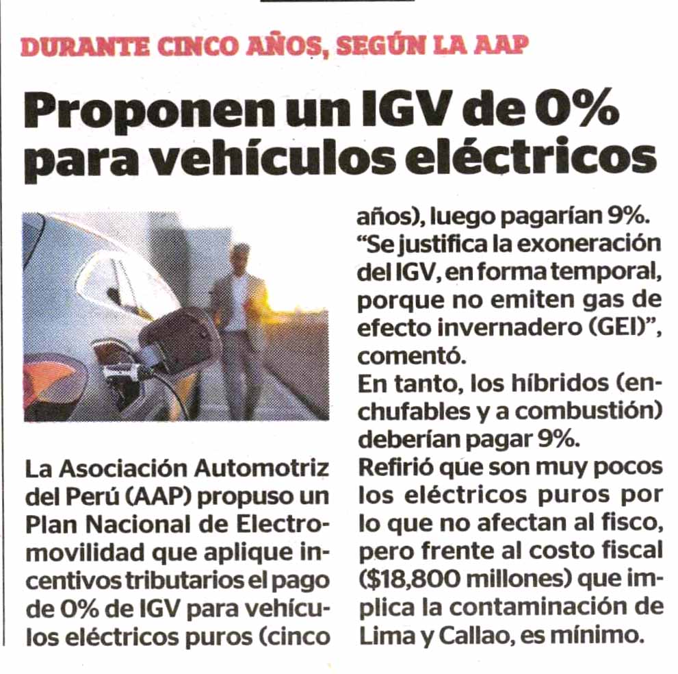 Proponen un IGV de 0% para vehículos eléctricos
