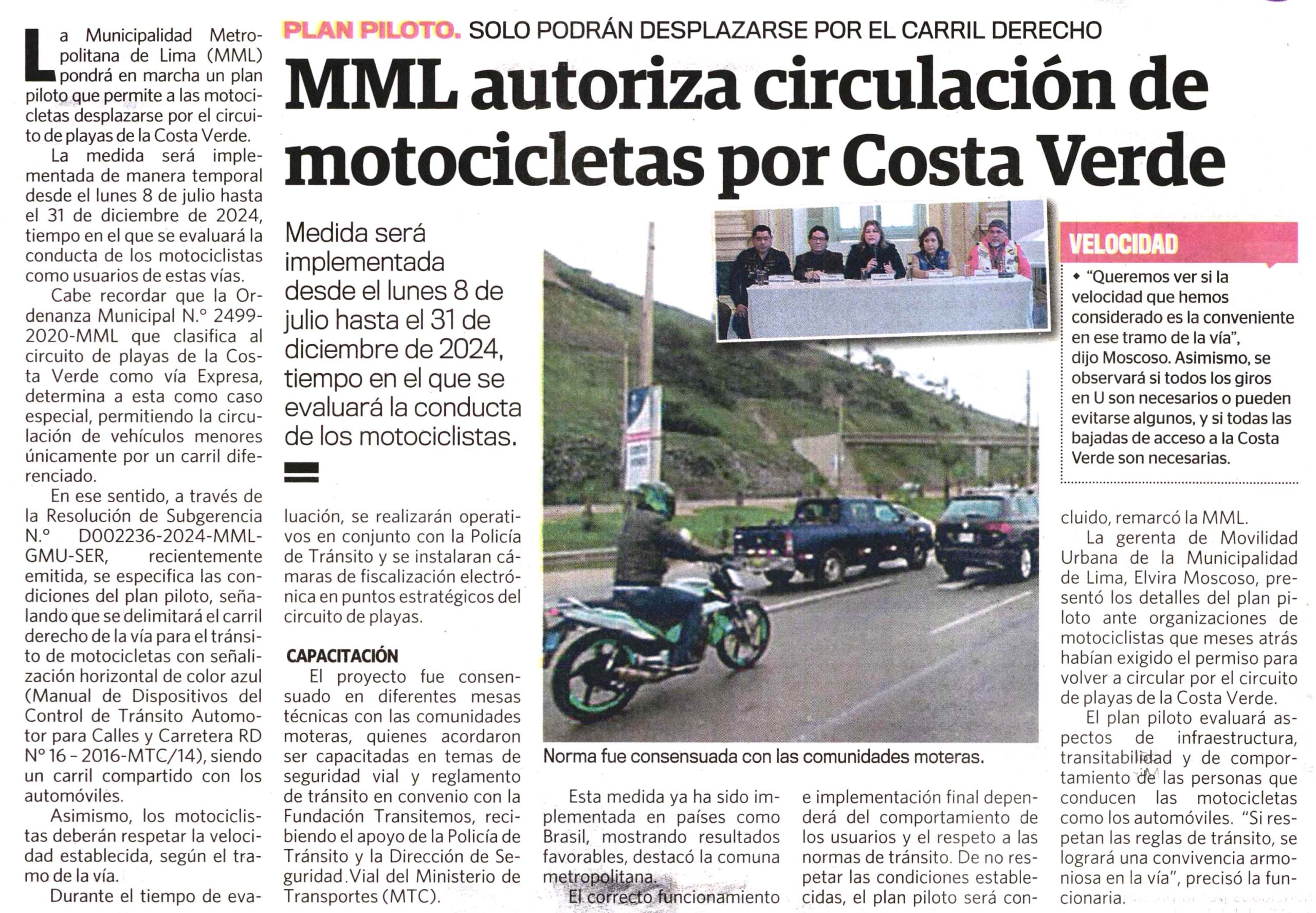 MML autoriza circulación de motocicletas por Costa verde