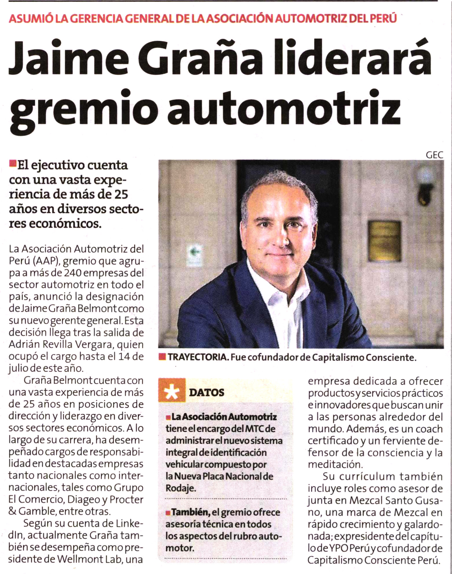 Jaime Graña Belmont asume la gerencia general de la Asociación Automotriz del Perú