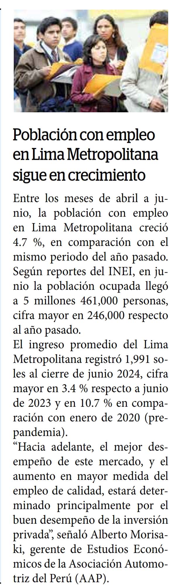 Población con empleo en Lima Metropolitana sigue en crecimiento