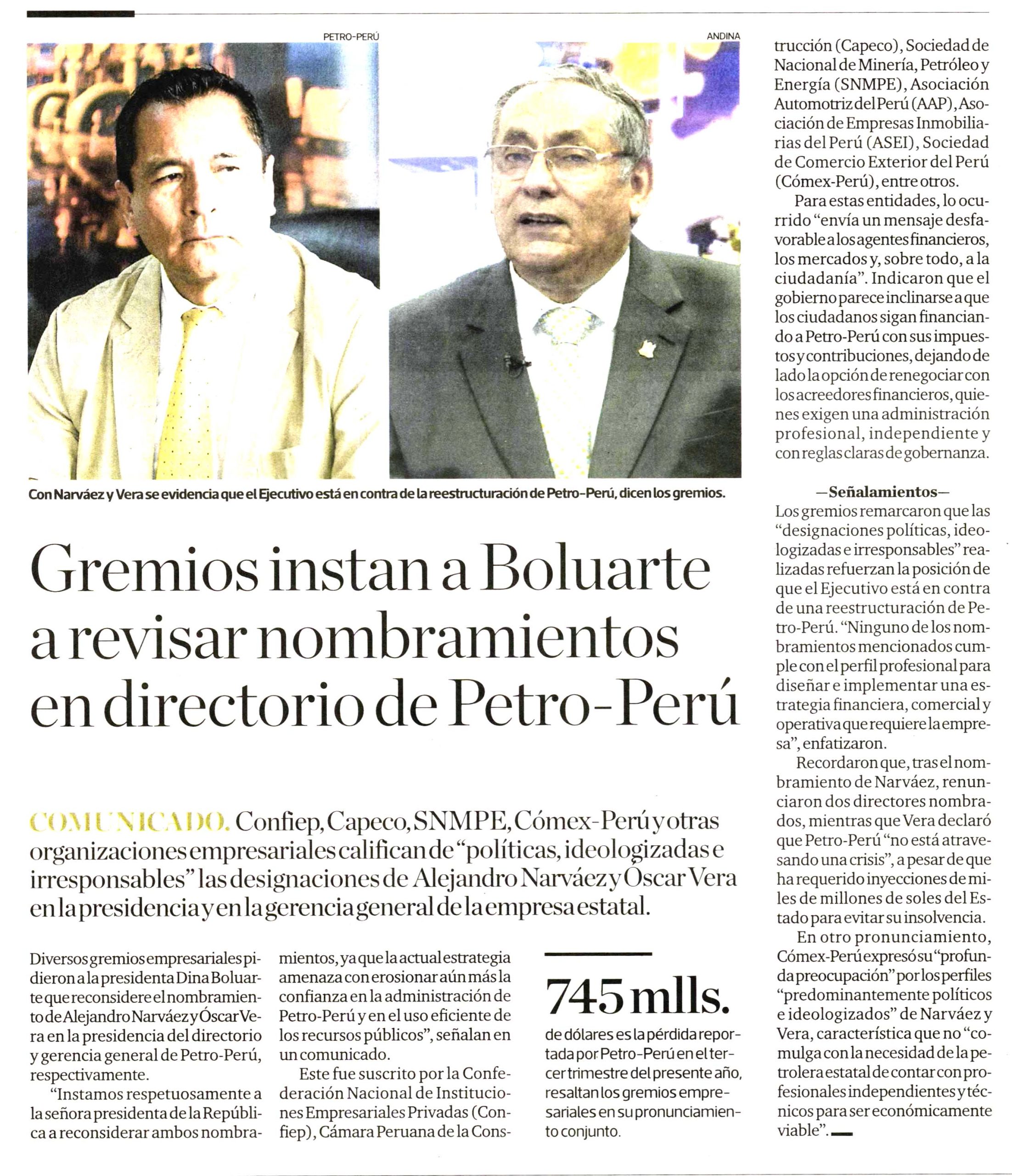 Gremios instan a Boluarte a revisar nombramientos en directorio de Petro-Perú